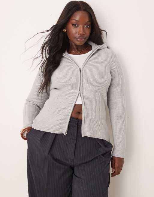 ASOS DESIGN Curve – Szary dzianinowy kardigan z kołnierzem i zapięciem na zamek
