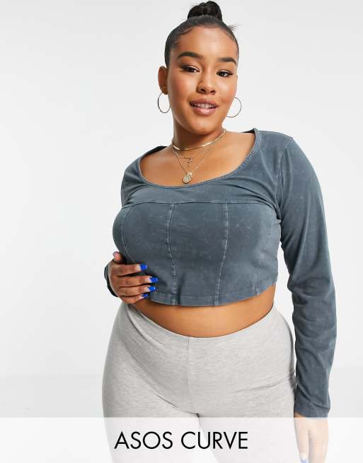 ASOS DESIGN Curve – Szary gorset z długimi rękawami, przeszyciami i efektem sprania