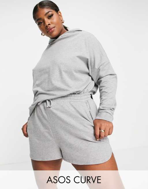 ASOS DESIGN Curve – Szary melanżowy letni dres z bawełny: bluza z kapturem i szorty do biegania – GREY