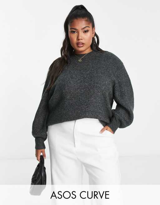 ASOS DESIGN Curve – Szary prążkowany sweter z okrągłym dekoltem z puszystej dzianiny 