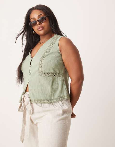 ASOS DESIGN Curve lace trim waistcoat in sage