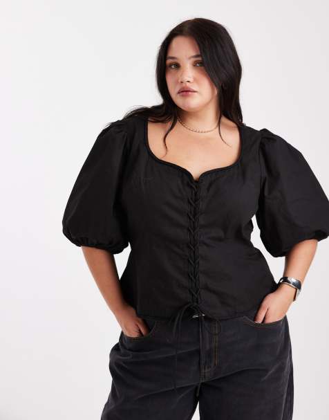 ASOS DESIGN Curve – Sznurowany czarny top z bufkami - view 1