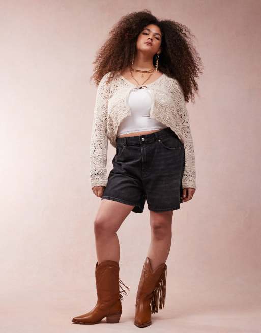 ASOS DESIGN Curve – Szorty jeansowe typu dad w spranym czarnym kolorze