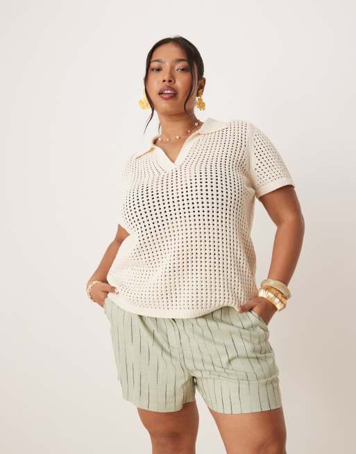 ASOS DESIGN Curve – Szorty o luźnym kroju dad z materiału z dodatkiem lnu w kolorze szałwii w prążki
