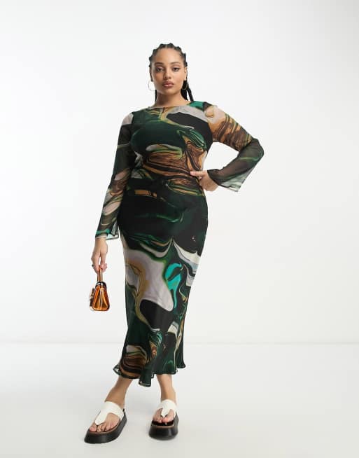 ASOS DESIGN Curve – Szyfonowa sukienka midi z długimi rękawami w marmurkowy wzór