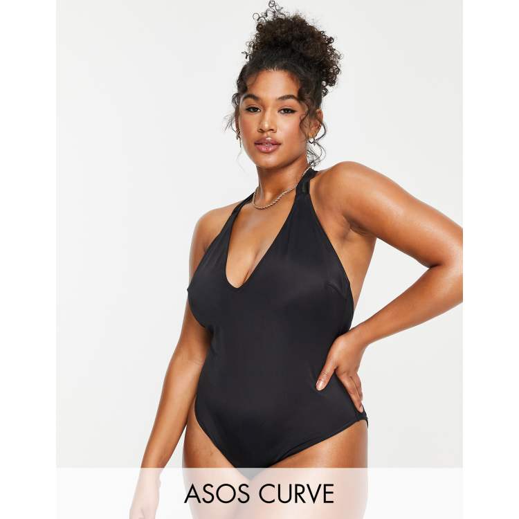 ASOS DESIGN gathered plunge swimsuit in black