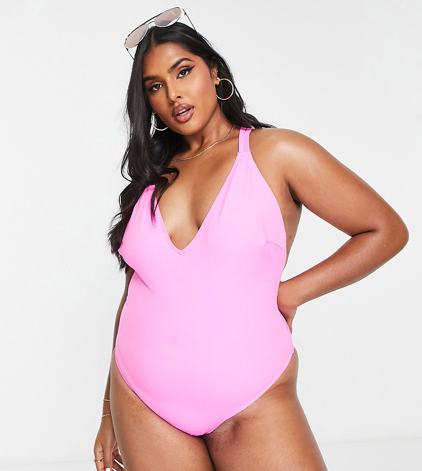 ASOS DESIGN Curve T back swimsuit in bright pink