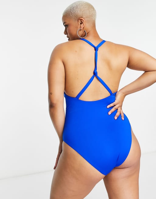 ASOS DESIGN Curve T back swimsuit in cobalt blue