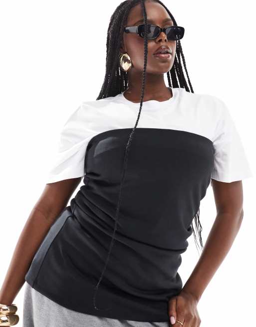 ASOS DESIGN Curve - T-shirt 2-en-1 en néoprène - Noir/blanc