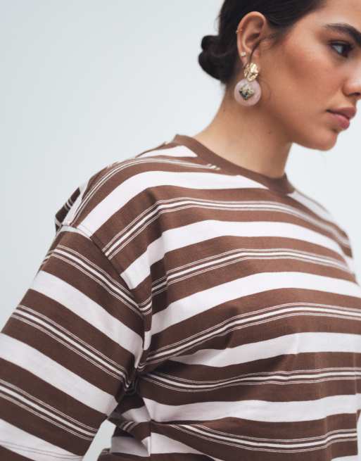 ASOS DESIGN Curve - T-shirt a corsetto color cioccolato e rosa a righe, 3 di 11