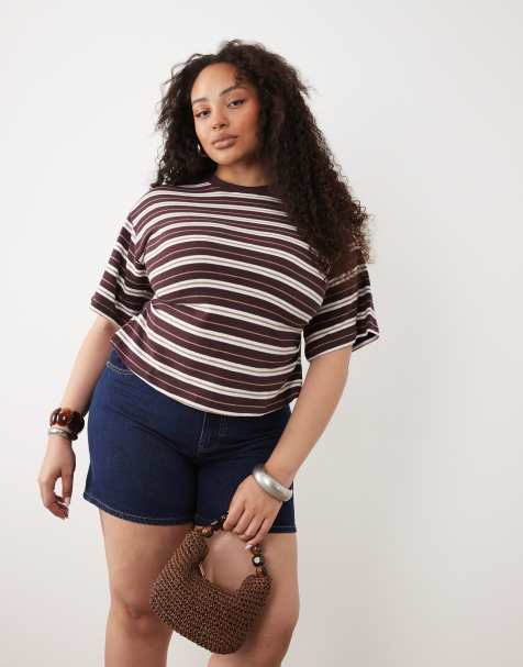 ASOS DESIGN Curve - T-shirt a corsetto in maglia testurizzata color cioccolato a righe in coordinato - view 1
