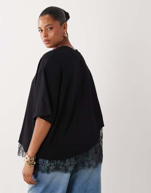 ASOS DESIGN Curve - T-shirt a maniche corte nera con fondo in pizzo, 4 di 4