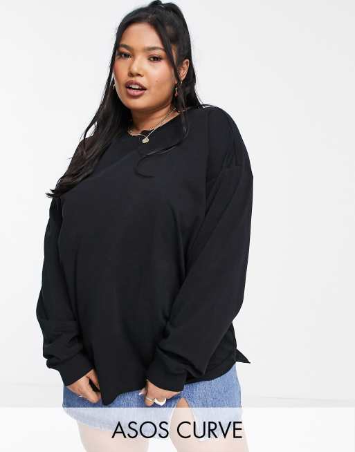 ASOS DESIGN Curve - T-shirt a maniche lunghe oversize con dettaglio sul polsino nera