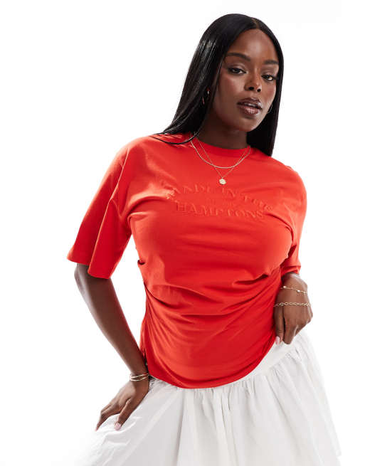 ASOS DESIGN Curve - T-shirt à taille corsetée et broderie Hamptons - Rouge
