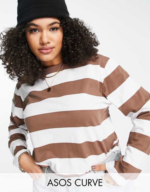 ASOS DESIGN Curve - T-shirt coupe carrée à rayures - Blanc et marron
