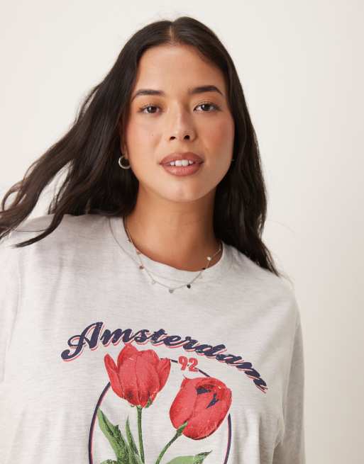 ASOS DESIGN Curve - T-shirt coupe classique avec motif tulipe Amsterdam - Glace chiné, 3 de 4