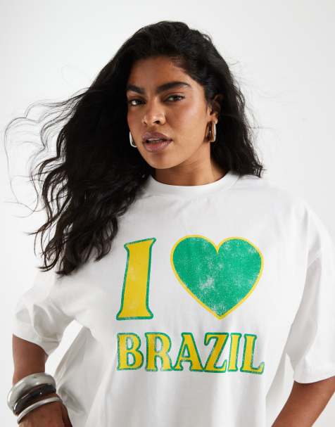 ASOS DESIGN Curve - T-shirt court coupe carrée à motif graphique « I Love Brazil » - Blanc - view 1