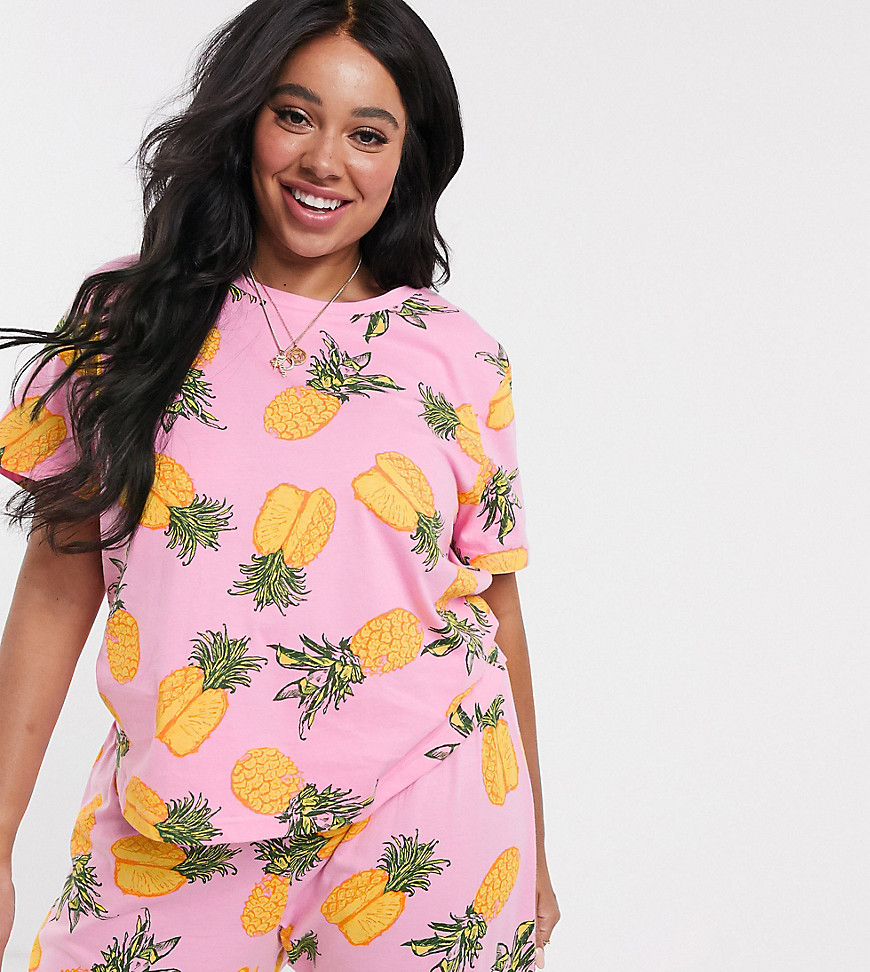 ASOS DESIGN Curve - T-shirt del pigiama mix & match in jersey con stampa di ananas-Multicolore