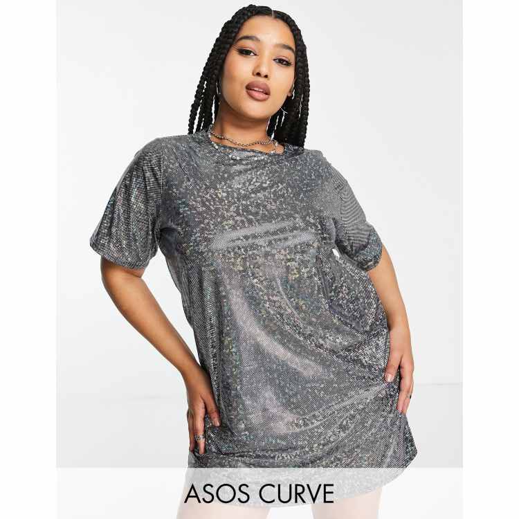 ASOS DESIGN Curve t-shirt dress with open back in holographic silver