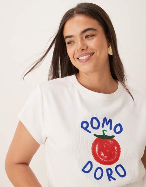 ASOS DESIGN Curve - T-shirt effet rétréci à imprimé tomate - Blanc - view 1