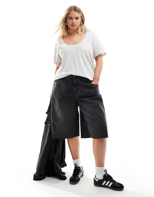 ASOS DESIGN Curve - T-shirt effetto lino color pietra con scollo rotondo e tasca