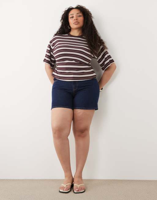 ASOS DESIGN Curve - T-shirt en maille texturée à taille corsetée et rayures - Chocolat, 3 de 4