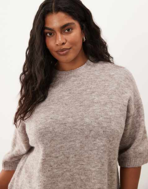 ASOS DESIGN Curve - T-shirt girocollo in misto lana color marshmallow in coordinato - view 1