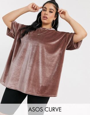 ASOS DESIGN Curve – T-shirt i sammet och oversize-modell-Rosa
