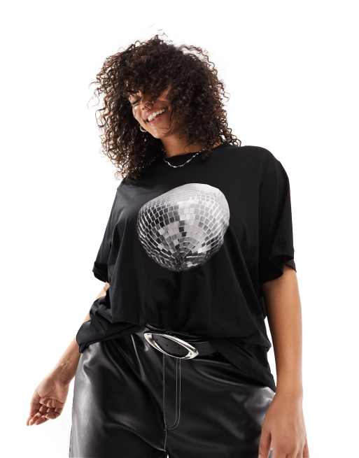 ASOS | Schwarz DESIGN T-Shirt und ASOS mit Curve – in Schnitt normalem Discokugel-Grafikprint