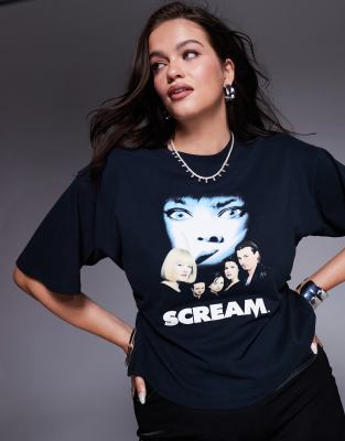 ASOS DESIGN Curve - T-Shirt in Schwarz mit „Scream"-Lizenzgrafik und Korsett-Taille