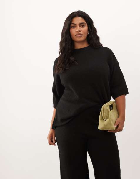 ASOS DESIGN Curve – T-Shirt in Schwarz mit Wollanteil und Rundhalsausschnitt, Kombiteil - view 1