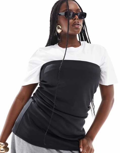 ASOS DESIGN Curve - T-shirt in tessuto effetto scuba 2 in 1 nera e bianca - view 1