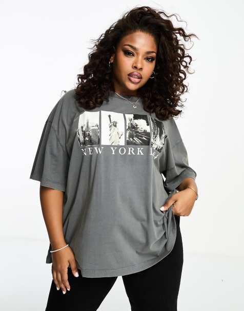 ASOS DESIGN Curve – T-Shirt in verwaschenem Anthrazit mit „New York 1994“-Grafikprint und Boyfriend-Schnitt - view 1
