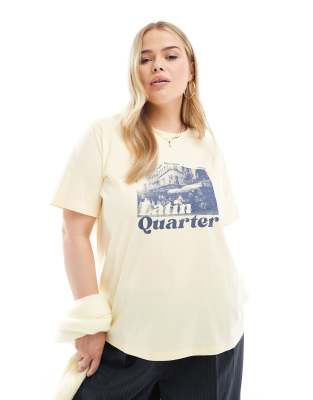 ASOS DESIGN Curve - T-Shirt in Zitronengelb mit „Latin Quarter"-Grafik, in regulärer Passform