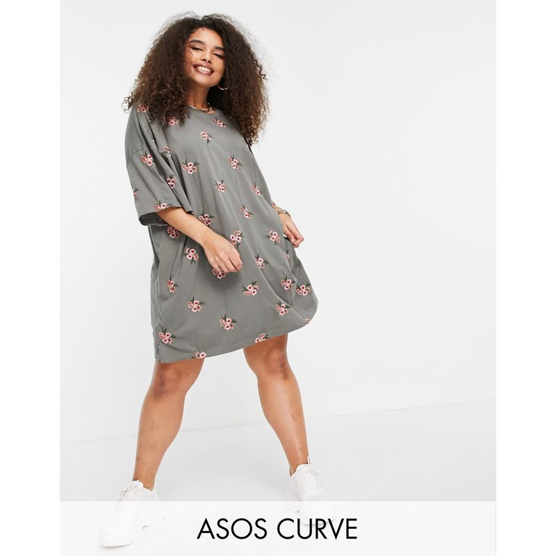 DESIGN Curve – T-Shirt-Kleid in Oversize-Passform mit durchgehender Blumenstickerei in Grau
