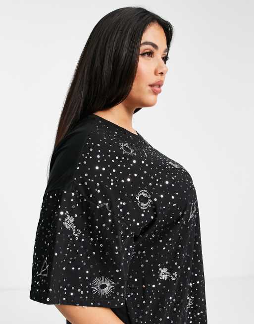 ASOS DESIGN Curve – T-Shirt-Kleid in Schwarz mit Oversize-Schnitt und silbernen Pailletten, 2 von 4