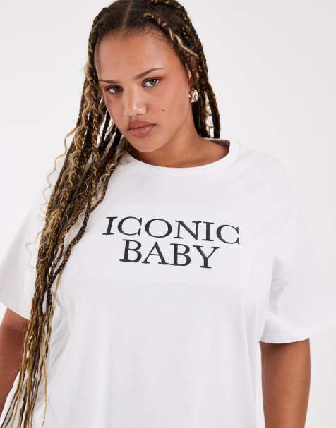 ASOS DESIGN Curve - T-shirt long en tissu épais avec slogan emblématique - Blanc - view 1