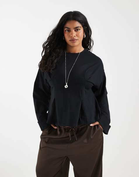 ASOS DESIGN Curve - T-shirt manches longues à taille cintrée et poignets longs - Noir - view 1