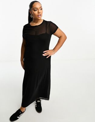 ASOS DESIGN Curve t shirt maxi mesh dress in black