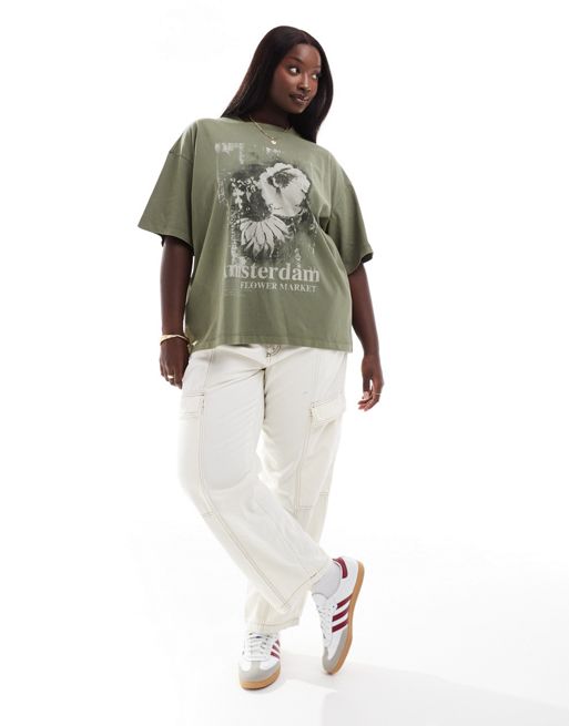 FhyzicsShops DESIGN Curve - T-shirt med 'Amsterdam'-grafik i skovgrøn i boyfriend fit