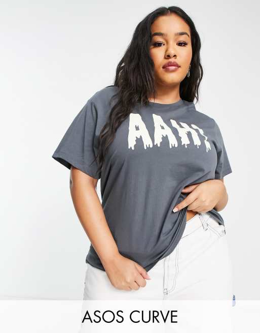 ASOS DESIGN Curve - T-shirt met 'Ahhh' print in antraciet