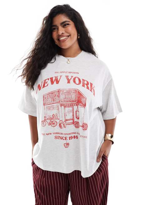 ASOS DESIGN Curve - T-shirt met boyfriend pasvorm en grafische 'New York Sports' print in gemêleerd ijsgrijs