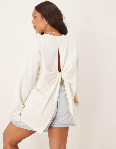 ASOS DESIGN Curve - T-shirt met gedraaide achterkant en lange mouwen in crème - view 1