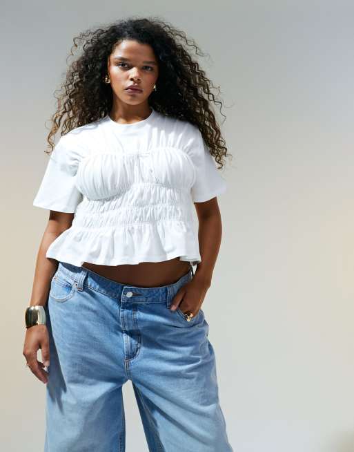 ASOS DESIGN Curve - T-shirt met gesmokte taille in wit
