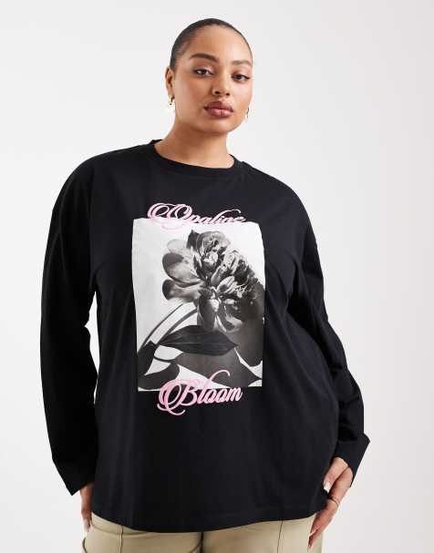 ASOS DESIGN Curve - T-shirt met lange mouwen en grafische bloemenprint in zwart - view 1