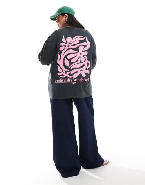 ASOS DESIGN Curve - T-shirt met lange mouwen en grafische Festival of Arts-print in antracietgrijs met wassing - view 1