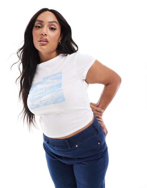 ASOS DESIGN Curve - T-shirt met skiprint in wit - view 1