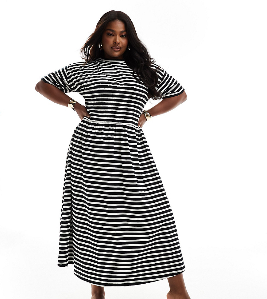 ASOS DESIGN Curve t-shirt midi dress with shirred bust in mono stripe-Multi