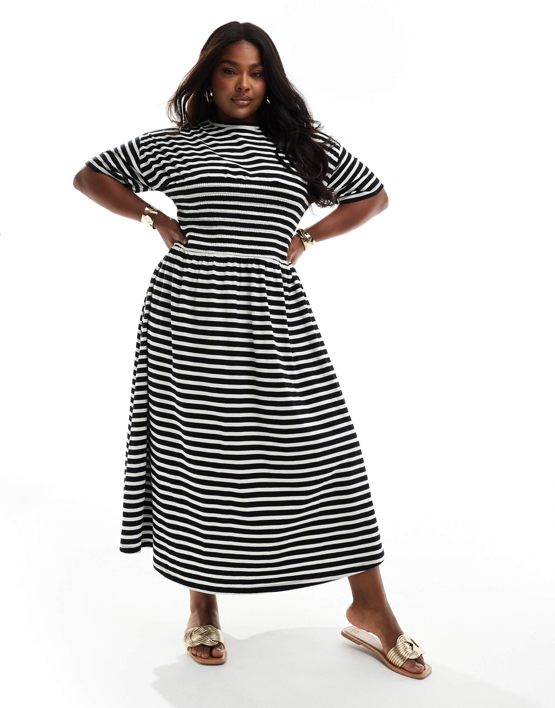 asos design curve t-shirt midi dress with shirred bust in monochrome stripe