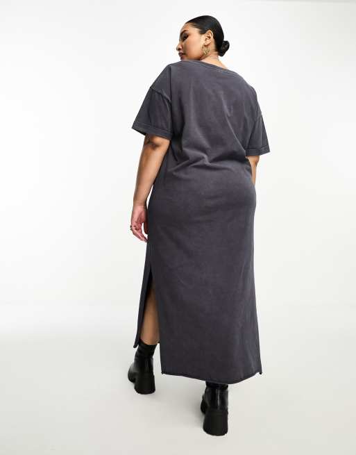 ASOS Design Curve T-Shirt Midi Dress with Split Hem and Graphic in Washed Gray